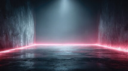 Abstract neon concrete space with glowing lights, futuristic sci-fi background for gaming, technology, cyberpunk, and design ads