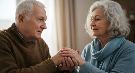 Elderly couple holding hands, looking at each other