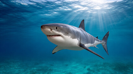 Fototapeta premium Great White Shark Swimming in Clear Ocean Waters, Nature Photography
