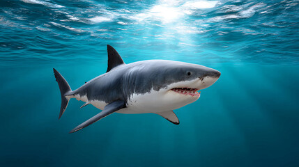 Fototapeta premium Great White Shark in Ocean Depths, Marine Life Photography, Dramatic Environment