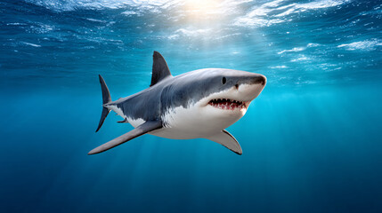 Swimming Action of a Great White Shark in the Ocean's Depths Under Bright Sunlight