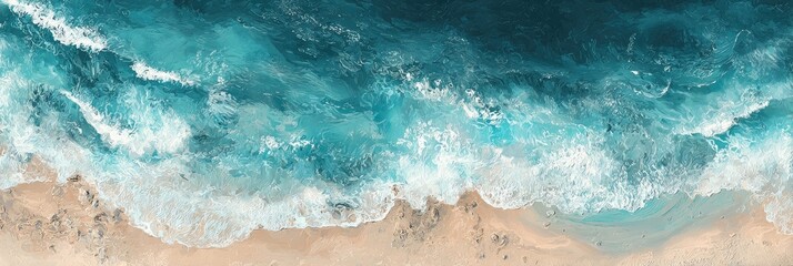 Aerial view of turquoise waves crashing on a sandy beach