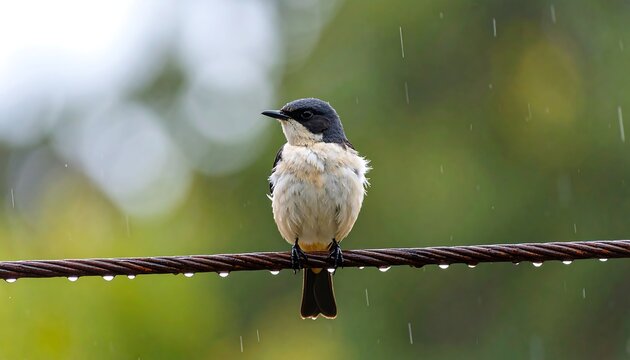 Small bird perched on a wire in the rain