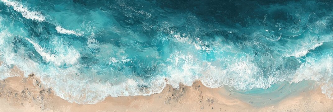 Aerial view of turquoise waves crashing on a sandy beach