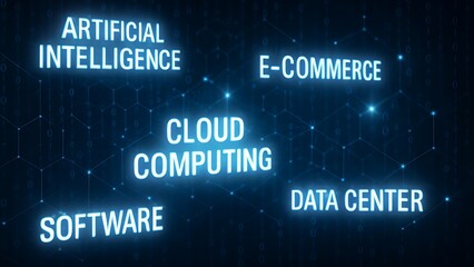 Obraz premium Futuristic glowing text of technology terms on a dark background