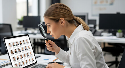 Young female recruiter carefully checks candidates while looking through a magnifying glass at the laptop screen