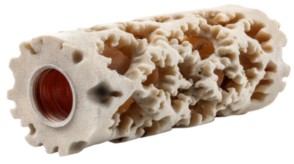 3D Printed Object: An intricate 3D-printed object showcases a unique porous design and complex structure, highlighting the advancements in additive manufacturing. 