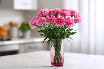 Beautiful Pink Carnations in a Vase, Home Interior, Floral Decor, Natural Light
