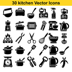 Collection of 3d kitchen vector icons in a black silhouette style