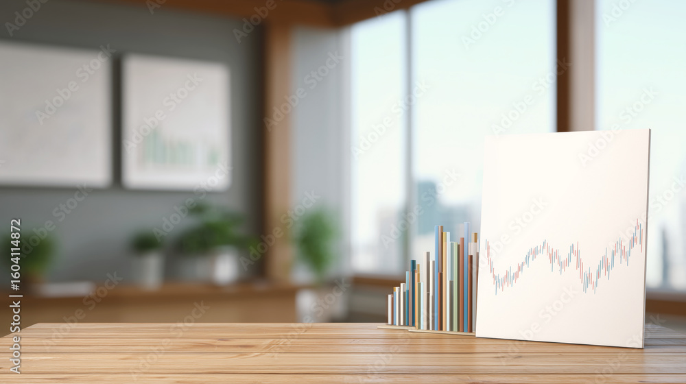 Poster a contemporary office workspace features a wooden desk showcasing a bar graph and line chart. sunlig