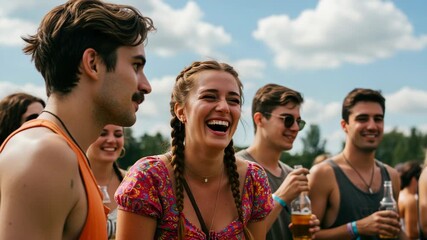A group of happy young friends laughing and enjoying themselves at an outdoor event on a sunny day