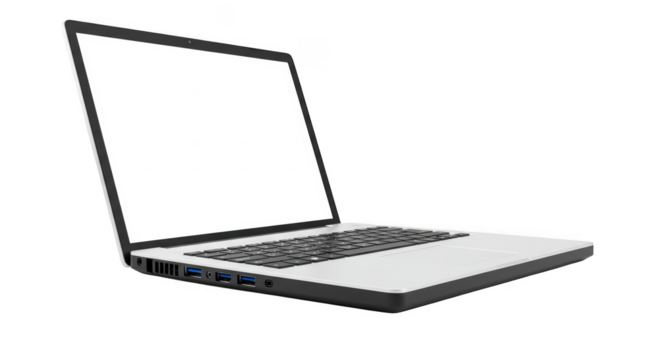 Modern silver laptop with blank screen isolated on transparent background