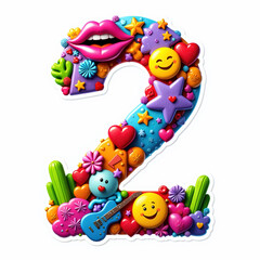 Naklejka premium The number 2 is filled with colorful decorations, hearts, stars, and smiley faces on a white background, perfect for a birthday card.