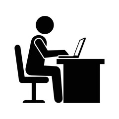 Simple pictogram of person seated at desk using laptop computer