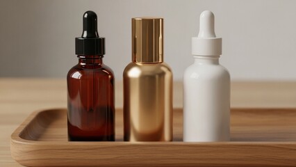 Fototapeta premium Cosmetic Serum Bottles on Wooden Tray: Skincare Product Mockup, Dropper Bottles. 