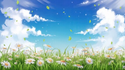 Springtime Serenity: Daisies Bloom Under a Tranquil Sky, a Peaceful Scenery