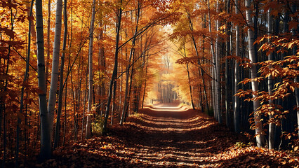 Autumn Trail: A scenic view of a path, surrounded by majestic trees with vibrant autumn foliage, creating a tunnel of color and leading the eye toward a bright light.