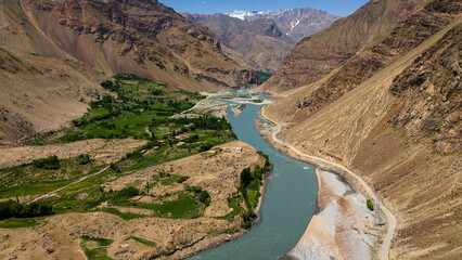 Aerial drone above Wakhan Valley Corridor, Pamir mountains , Badakhshan province of Afghanistan and...
