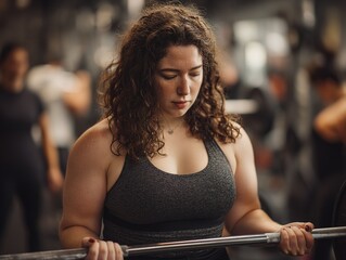 Brunette woman with curly hair preparing for barbell lift, calm focus during pre-workout routine in gym environment