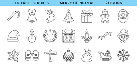 Christmas Vector Icon Set. Editable Stroke Icons for Festive Season, Holiday, Winter, and Christmas Celebration