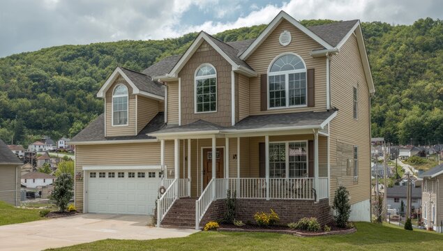 Suburban house with beige siding, situated on a hillside with trees