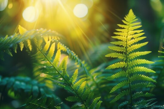 Ferns in the forest, Bali. Beautiful ferns leaves green foliage. Close up of beautiful growing ferns in the forest. Natural floral fern background in sunlight.