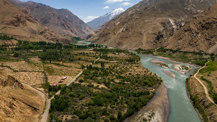 Aerial drone above Wakhan Valley Corridor, Pamir mountains , Badakhshan province of Afghanistan and...