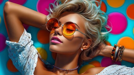 A woman with blonde curly hair wearing large, orange-tinted sunglasses. She exudes a cheerful, carefree vibe against a colorful, polka theme background.