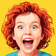 Excited Redhead Child Shouting with Wide Eyes on Yellow Background