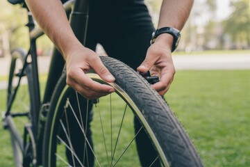 Person fixing a flat bicycle tire on a grassy field