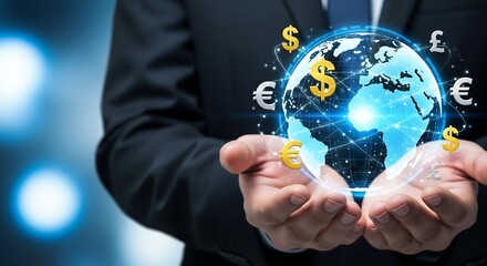 Global Finance Concept: Businessman Holding Digital Earth with Currency Symbols, International Business, Economy, and Investments