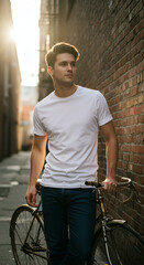 Obraz premium Man in white t-shirt and jeans, urban alleyway