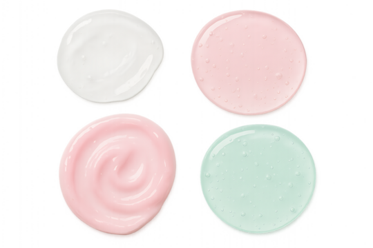 Different textured skincare gels displayed on a white background in a bright setting