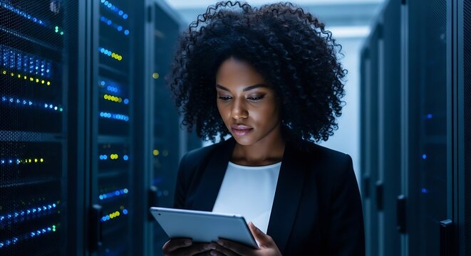 IT Professional Analyzing Server Data on Tablet in Data Center, System Administrator, Dark Moody Environment