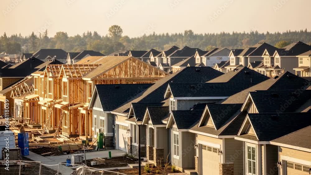 Poster housing development site displaying different building stages from framing to nearcompletion.