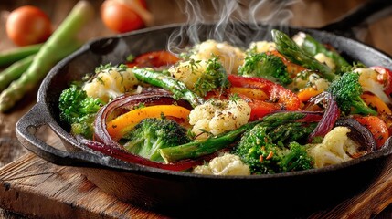 Assorted vegetable medley cooking in cast iron skillet on wooden stove top for rustic healthy food theme