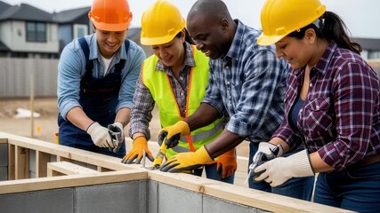 Confident construction workers of various backgrounds united at suburban building zone.