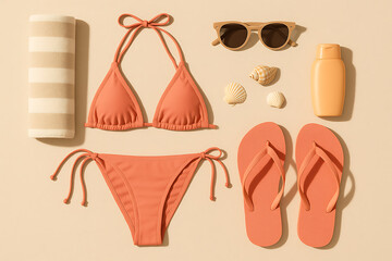 Summer beach essentials flat lay with bikini, flip flops, sunglasses, towel, sunscreen, and seashells on pastel background, perfect for vacation and travel themes