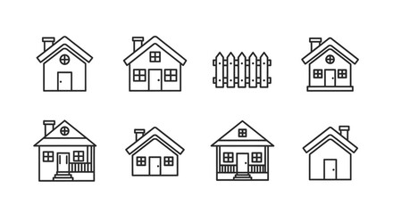 Fototapeta premium Simple line art illustrations of various house styles and a fence.