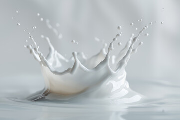 Crystal clear splash of milk forming crown shape on white background. Dairy concept
