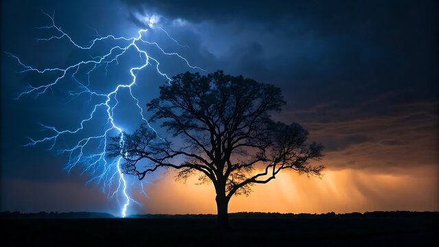Dramatic lightning strike illuminates a solitary tree during a powerful thunderstorm