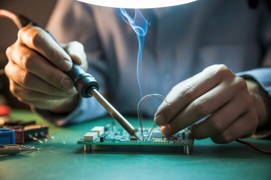 Close up of hands soldering electronic components on a circuit board with a soldering iron