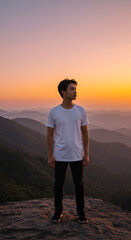 Fototapeta premium Man on mountaintop at sunrise