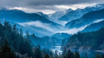 Misty Blue Mountain Valley Landscape