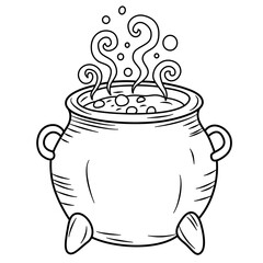Spooky Halloween cauldron with boiling poison illustration in line art style. Graphic monochrome drawing. Hand drawn outline sketch, engraved doodle illustration. For coloring book, invitation, decor