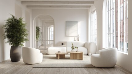 Modern living room with plush seating and natural elements.