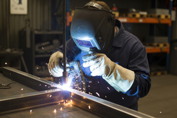 Skilled welder in protective gear sparks bright blue light while joining metal beams