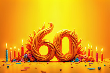 Greeting card for 60 years. A festive scene with the number 60 made of swirling, colorful paper, surrounded by lit candles and confetti.