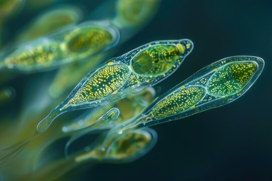 Euglena is a genus of single-celled flagellate Eukaryotes under microscopic view for education.