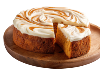 Round pumpkin cake with creamy frosting, sliced